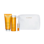 Set Clarins: Aroma, Essential Oils, Hydrating, Body Oil, 200 ml + Aroma, Essential Oils, Shower Gel, All Over The Body, 200 ml + Lip Confort, Lip Oil, 01, 1.4 ml *Miniature + Clarins, Zippered, GWP Textile Pouch, White