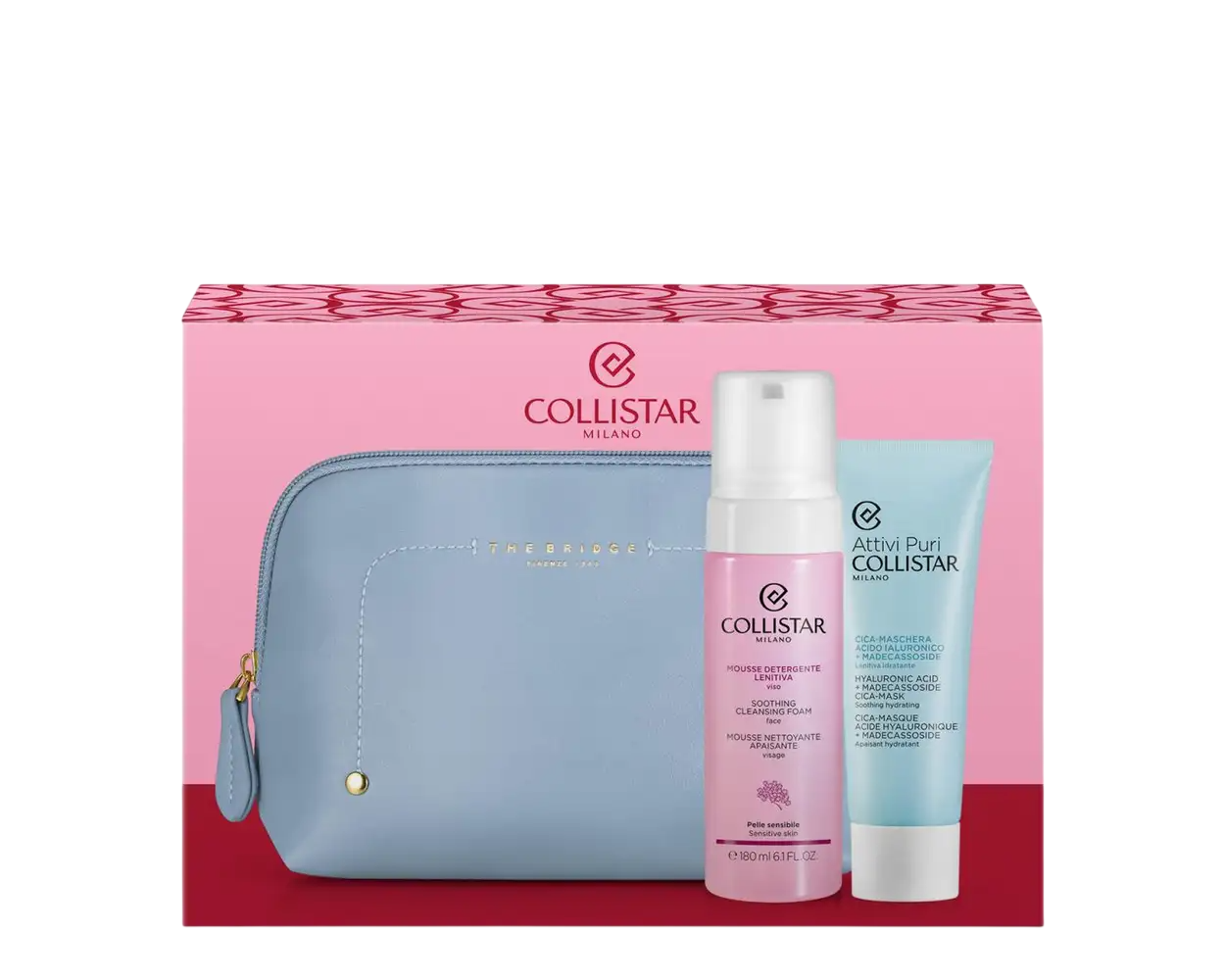 Set Collistar: Detergente Lenitiva, Vegan, Soothing, Cleansing Foam, 180 ml + Pure Actives, Hyaluronic Acid, Hydrating, Soothing, Cream Mask, For Face, 75 ml + The Bridge, GWP Textile Pouch, Blue