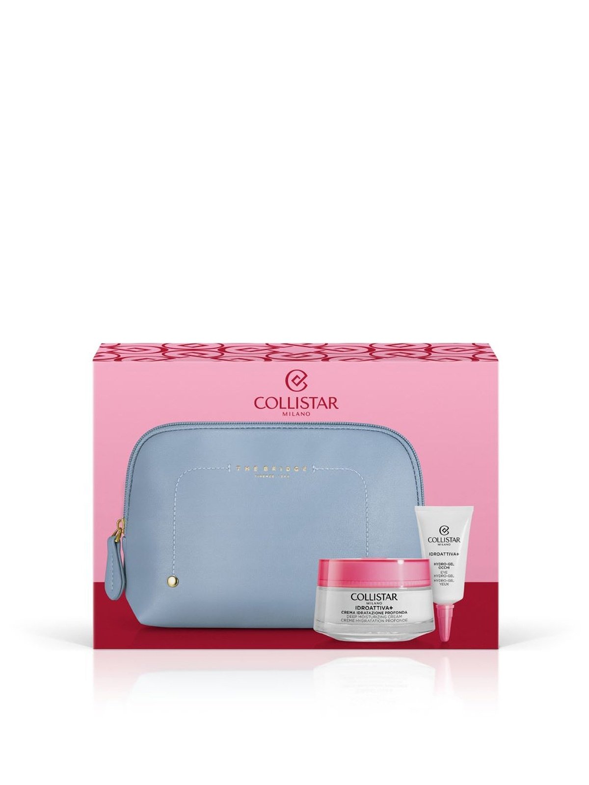 Set Collistar: Idro-Attiva+, Djup återfuktande, Gelé-crème, Ansikte, 50 ml + Idro-Attiva+, Återfuktande, Dag, Ögongel, 15 ml + The Bridge, GWP Textilpåse, Blå