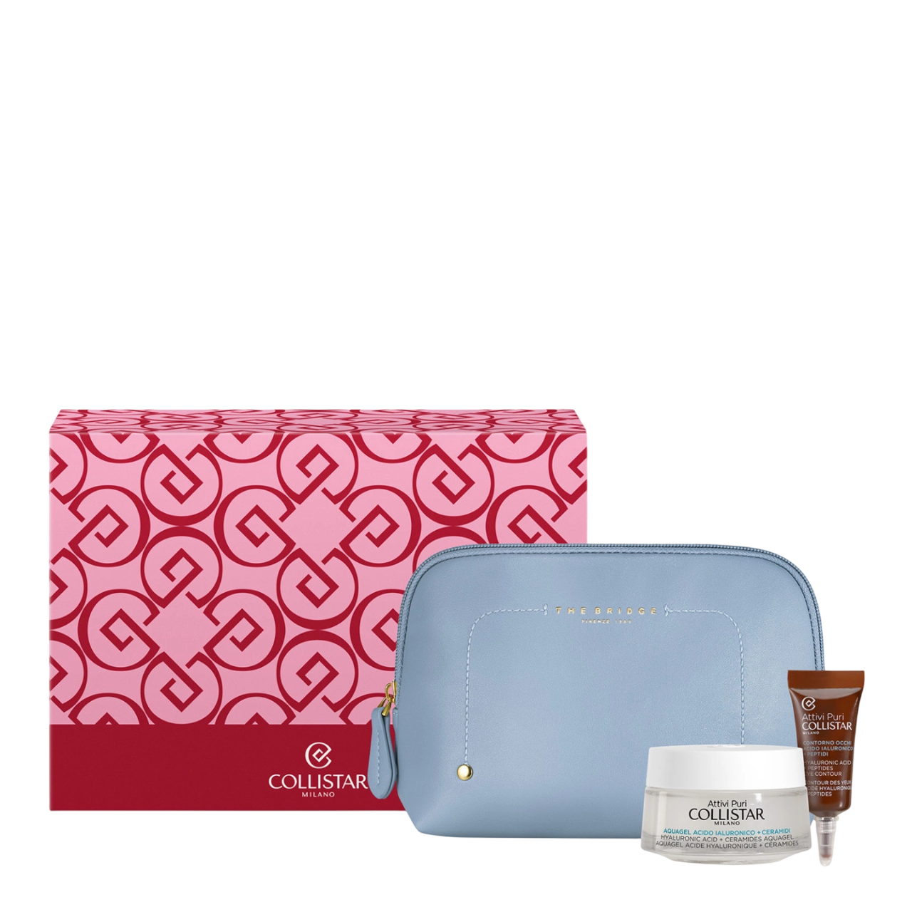 Set Collistar: Pure Actives, Hyaluronic Acid & Peptides, Lifting & Depuffing, Morning & Evening, Eye Gel, 15 ml + Pure Actives, Hyaluronic & Ceramides Acid, Hydrating, Day & Night, Cream, For Face, 50 ml + The Bridge, GWP Textile Pouch, Blue