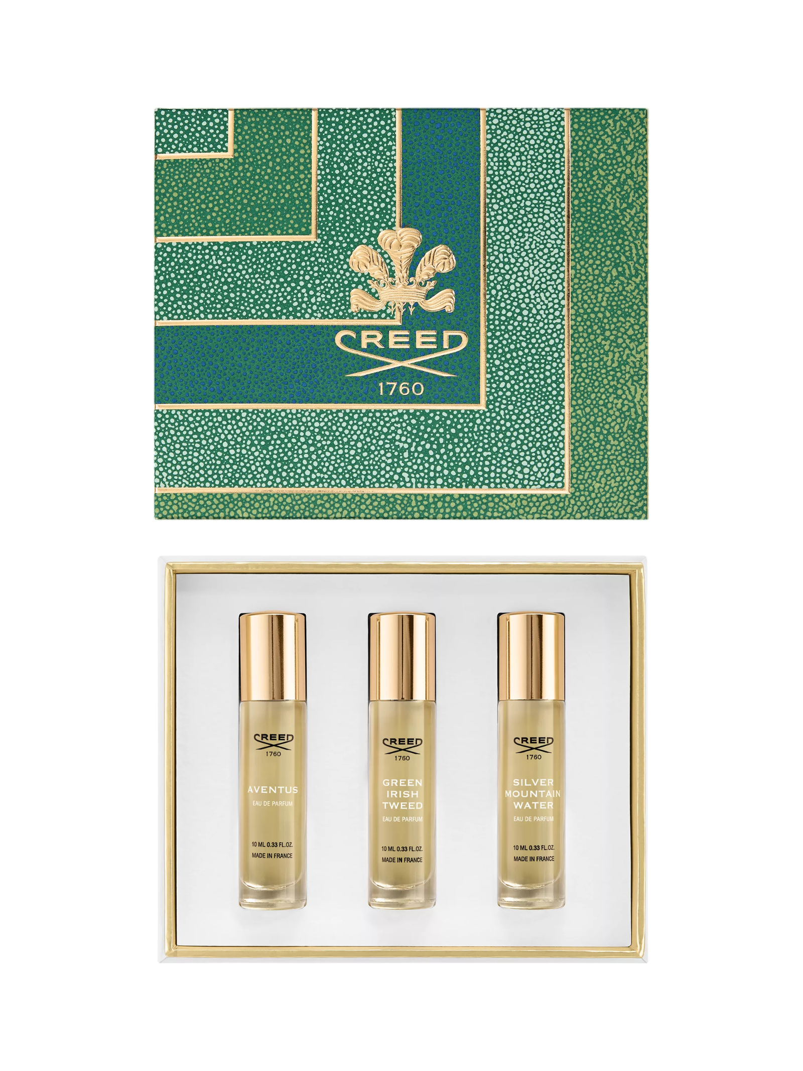 Set Creed: Aventus, Eau De Parfum, For Men, 10 ml + Green Irish Tweed, Eau De Parfum, For Men, 10 ml + Silver Mountain Water, Eau De Parfum, For Men, 10 ml