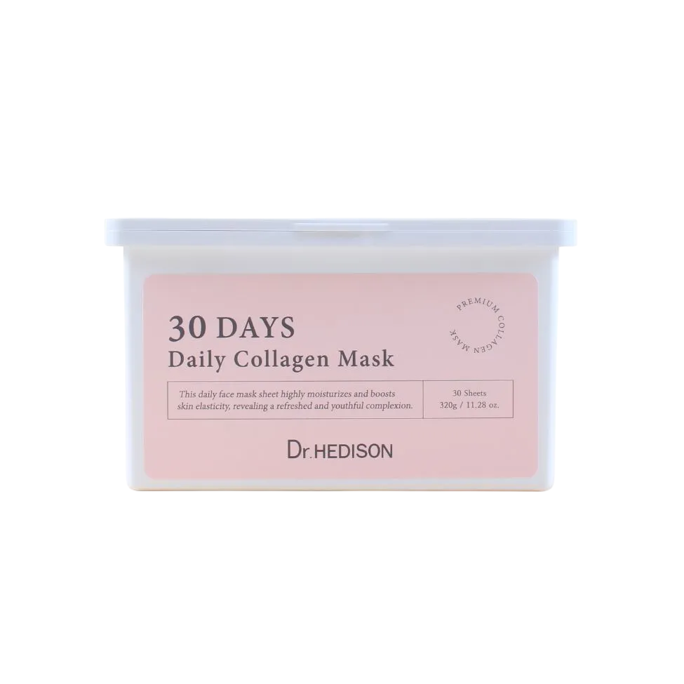 Set, Dr. Hedison, 30 Days Daily Collagen, Vegan, Intensiv återfuktning, Ansiktsmask, Ansikte, Dagligen, 30 st, 320 g