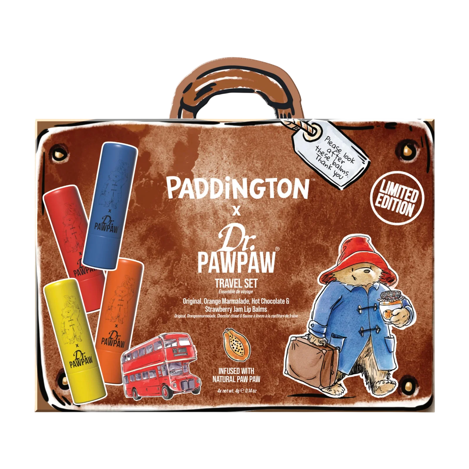 Set Dr. PawPaw: Paddington Orange Marmalade, Hydrating, Lip Balm, 4 g + Paddington Bear Original Balm, Vegan, Lip Balm, 4 g + Strawberry Jam, Hydrating, Lip Balm, 4 g + Hot Chocolate, Hydrating, Lip Balm, 4 g