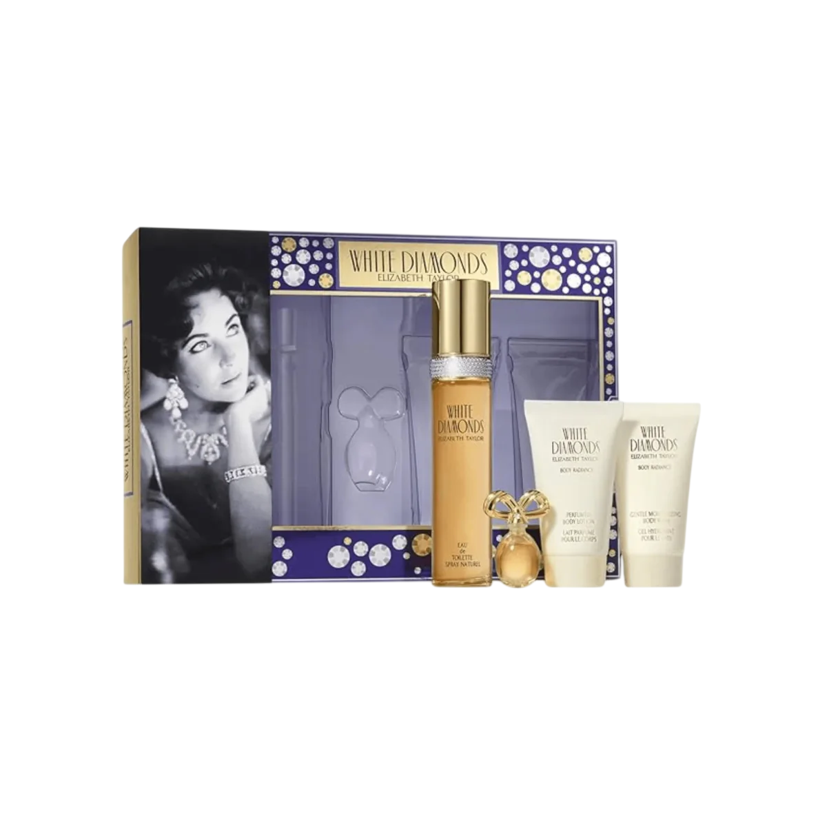 Set Elizabeth Taylor: White Diamonds, Eau De Toilette, For Women, 50 ml + White Diamonds, Parfum, For Women, 3.7 ml *Miniature + White Diamonds, Hydrating, Body Lotion, 50 ml + White Diamonds, Body Wash, 50 ml