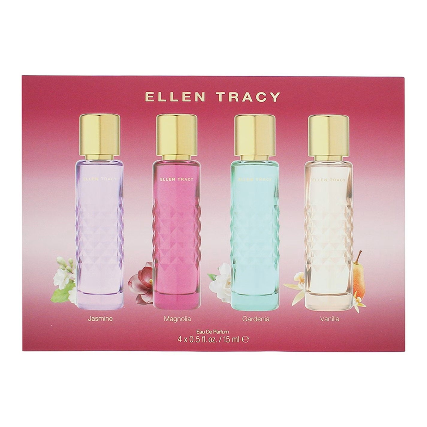 Set Ellen Tracy: Quilted Gardenia, Eau De Parfum, For Women, 15 ml + Quilted Vanilla, Eau De Parfum, For Women, 15 ml + Quilted Magnolia, Eau De Parfum, For Women, 15 ml + Quilted Jasmine, Eau De Parfum, For Women, 15 ml