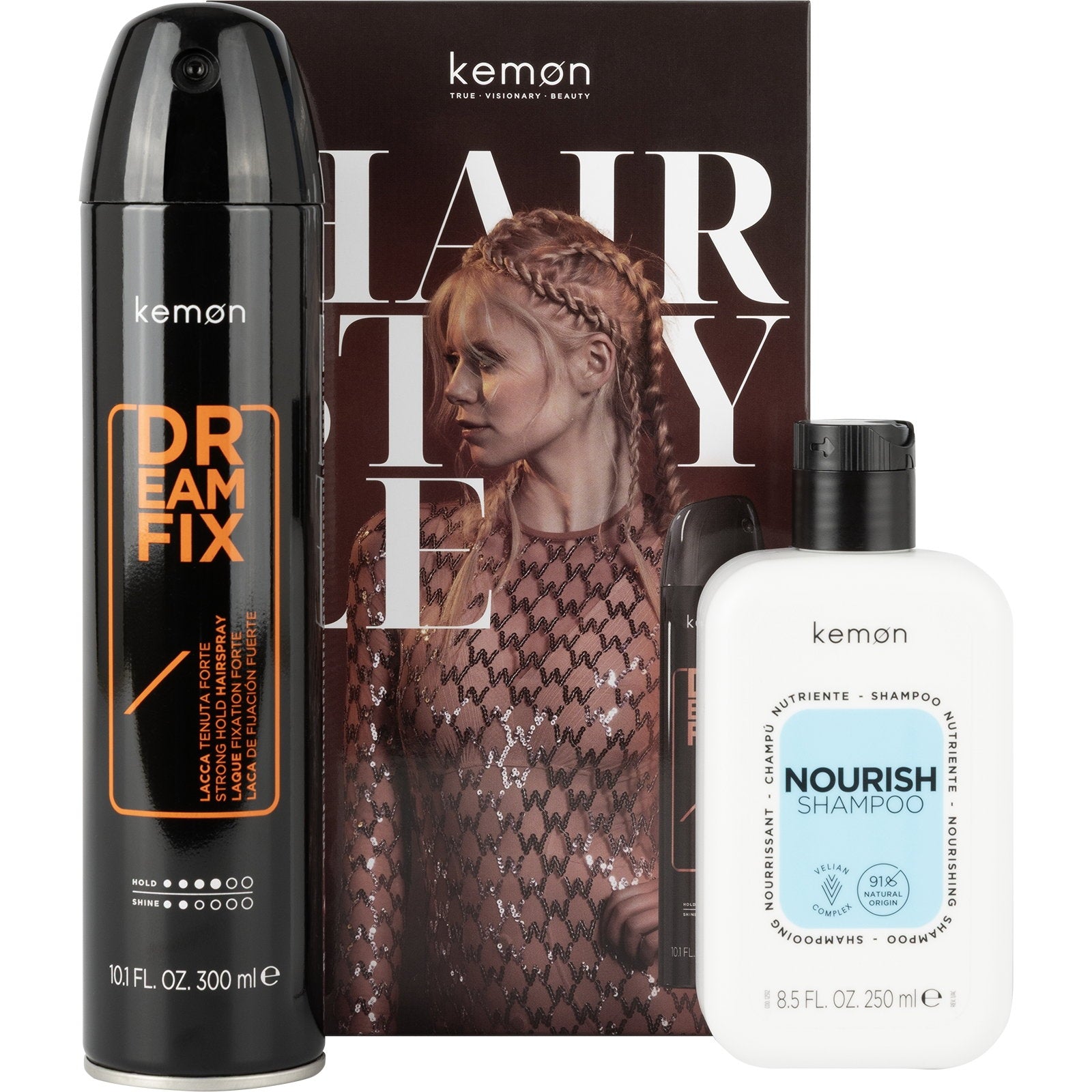 Set Kemon: Dreamfix, Hair Spray, Strong Hold, 300 ml + Nourish Nourishing, Hair Treatment Shampoo, Dry, 250 ml