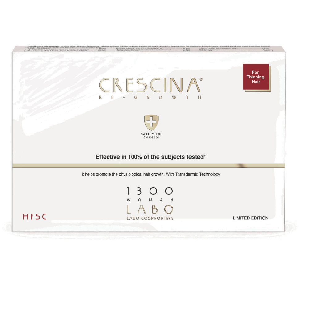 Set, Labo Suisse, Crescina, Transdermic HFSC 1300, För tillväxtstimulering, Ampullbehandlingsserum, För hårbotten, För kvinnor, 5 st, 3.5 ml