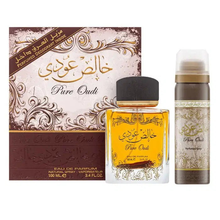 Set Lattafa:  Pure Oudi, Eau De Parfum, Unisex, 100 ml +  Pure Oudi, Anti-Perspirant, Deodorant Spray, Unisex, 50 ml