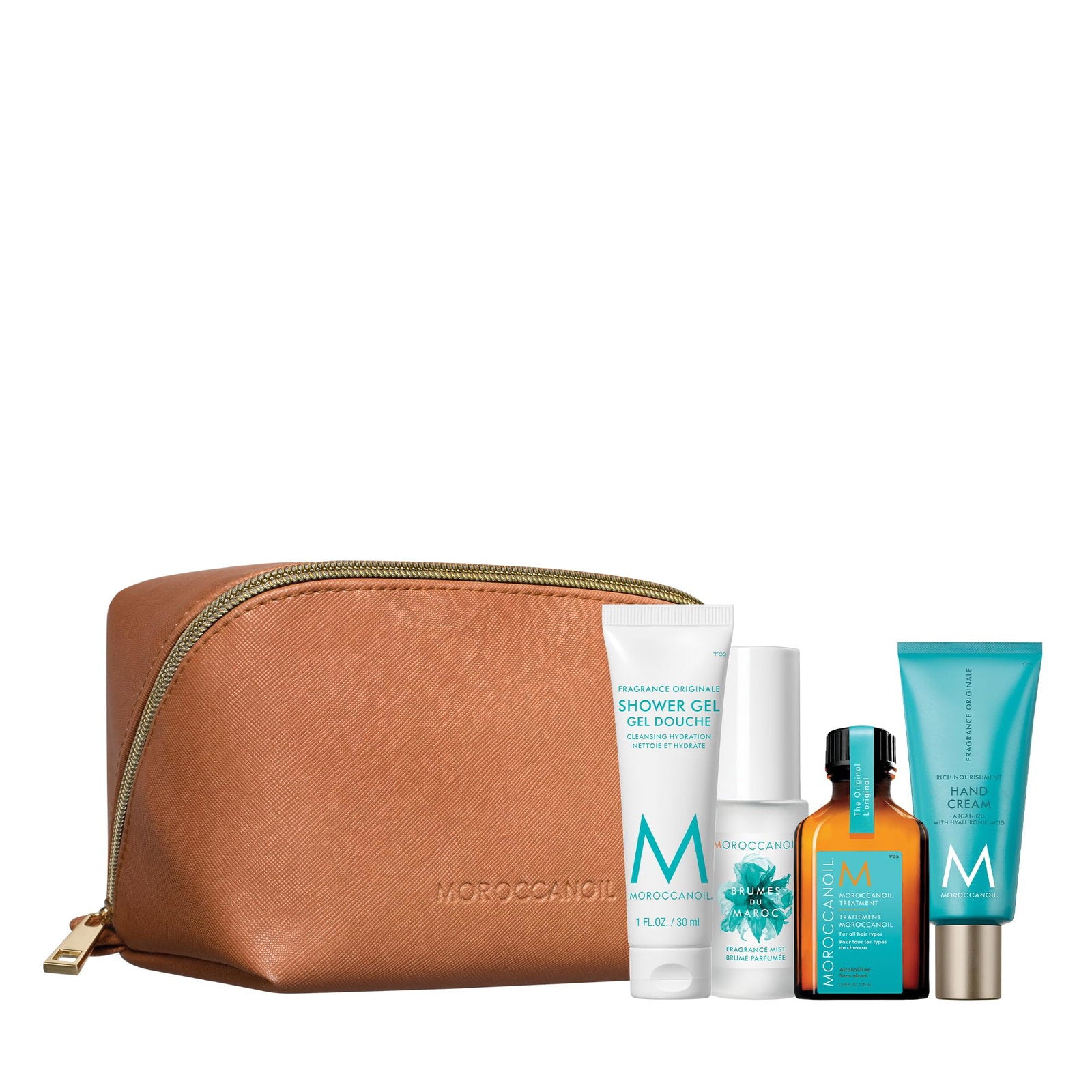 Set Moroccanoil: Brumes Du Maroc, Hair Scented Mist, For Women, 30 ml + Hydration, Hair Oil Treatment, Hydrating, 25 ml + Fragrance Originale, Hyaluronic Acid, Nourishing, Hand Cream, 40 ml + Moroccanoil, GWP Textile Pouch, Brown
