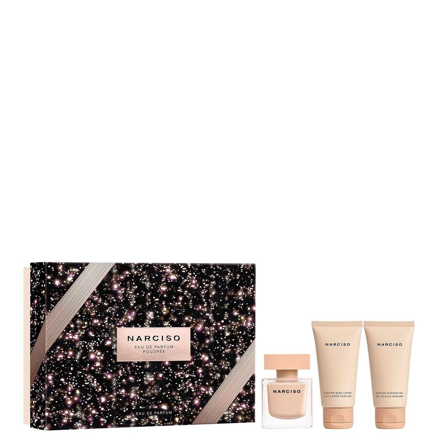 Set Narciso Rodriguez: Narciso Poudree, Eau De Parfum, för kvinnor, 50 ml + Narciso Poudree, återfuktande, kroppslotion, 50 ml + Narciso Poudree, rengörande, duschgel, för hela kroppen, för alla hudtyper, 50 ml
