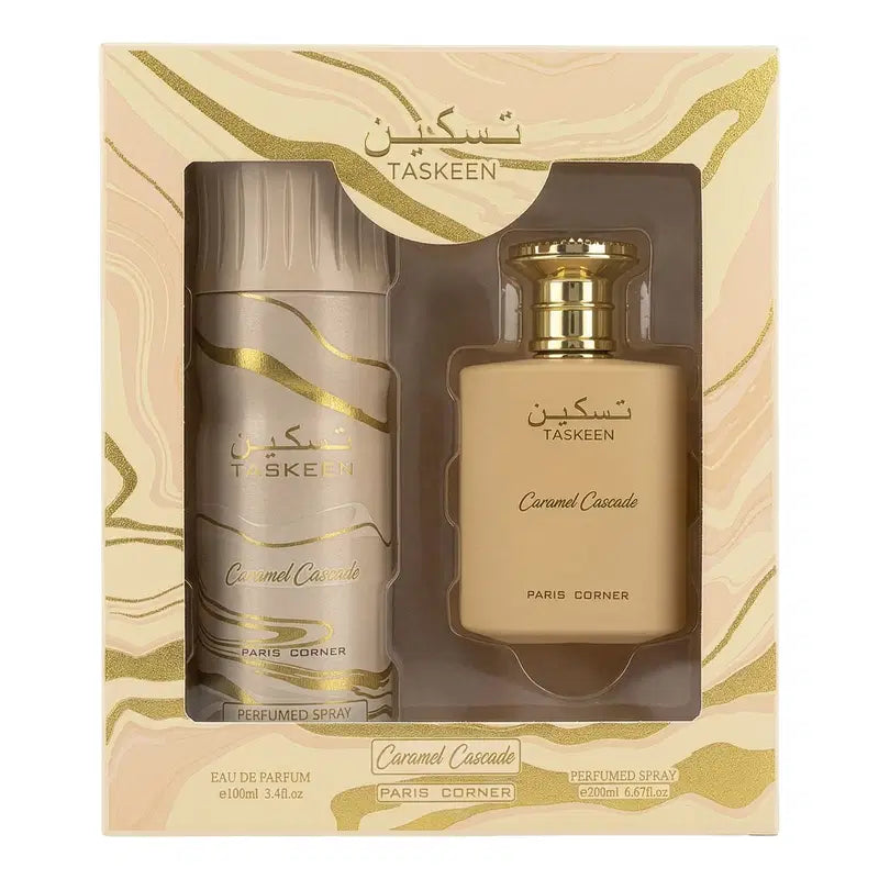 Set Paris Corner: Taskeen Caramel Cascade, Eau De Parfum, Unisex, 100 ml + Taskeen Caramel Cascade, Deodorant Spray, Unisex, 200 ml