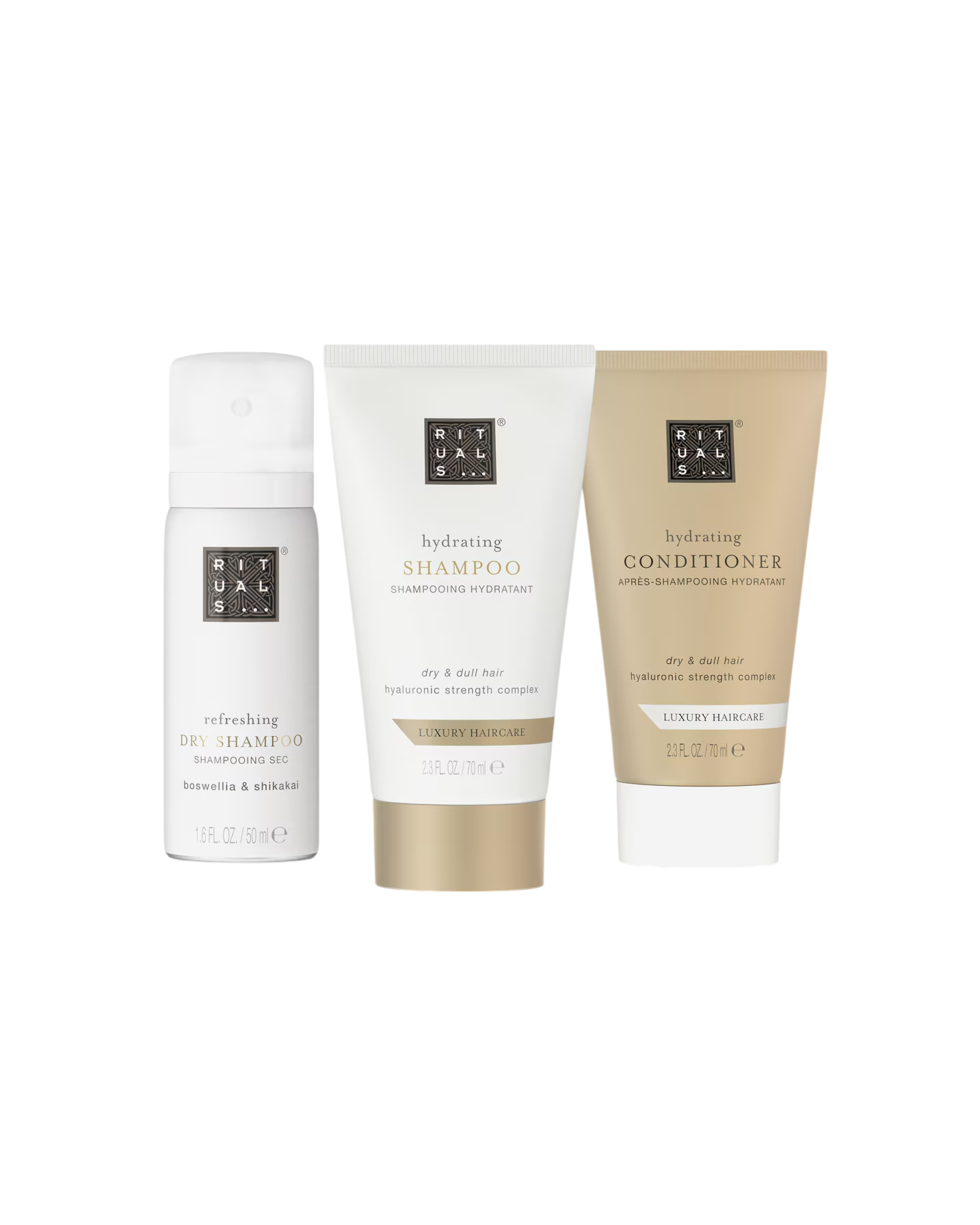 Set Rituals: Luxury Hair Care, Hair Shampoo, Hydrating, 70 ml + Luxury Hair Care, Hair Conditioner, Hydrating, 70 ml + Rituals, Hair Dry Shampoo, Refreshing, 50 ml