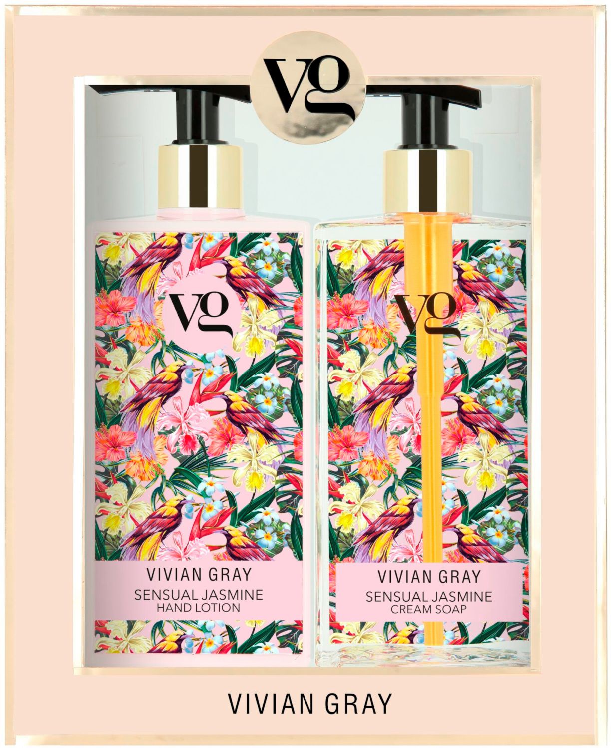 Set Vivian Gray: Sensual Jasmine, återfuktande, handlotion, 350 ml + Sensual Jasmine, rengörande, flytande tvål, 350 ml